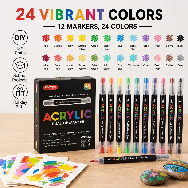 12PCS Acrylic Paint Marker Pen Set Colorful Waterproof Fast Drying Hand Drawn Graffiti Markers For Stone Glass Ceramic Fabric Canvas Painting Art Craft Projects