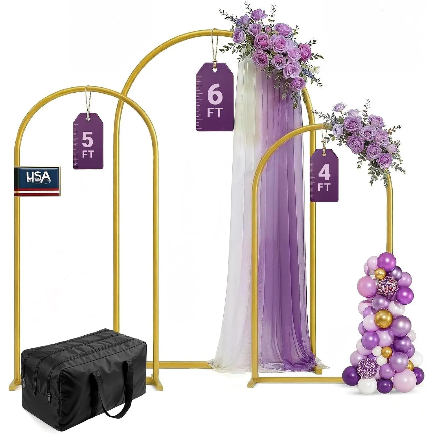 3 Pack  Metal Arch Backdrop Stand Set - 6FT, 5FT, 4FT Balloon Stand for Weddings Ceremony, Parties, and  Showers - Door Frame Backdrop Stand