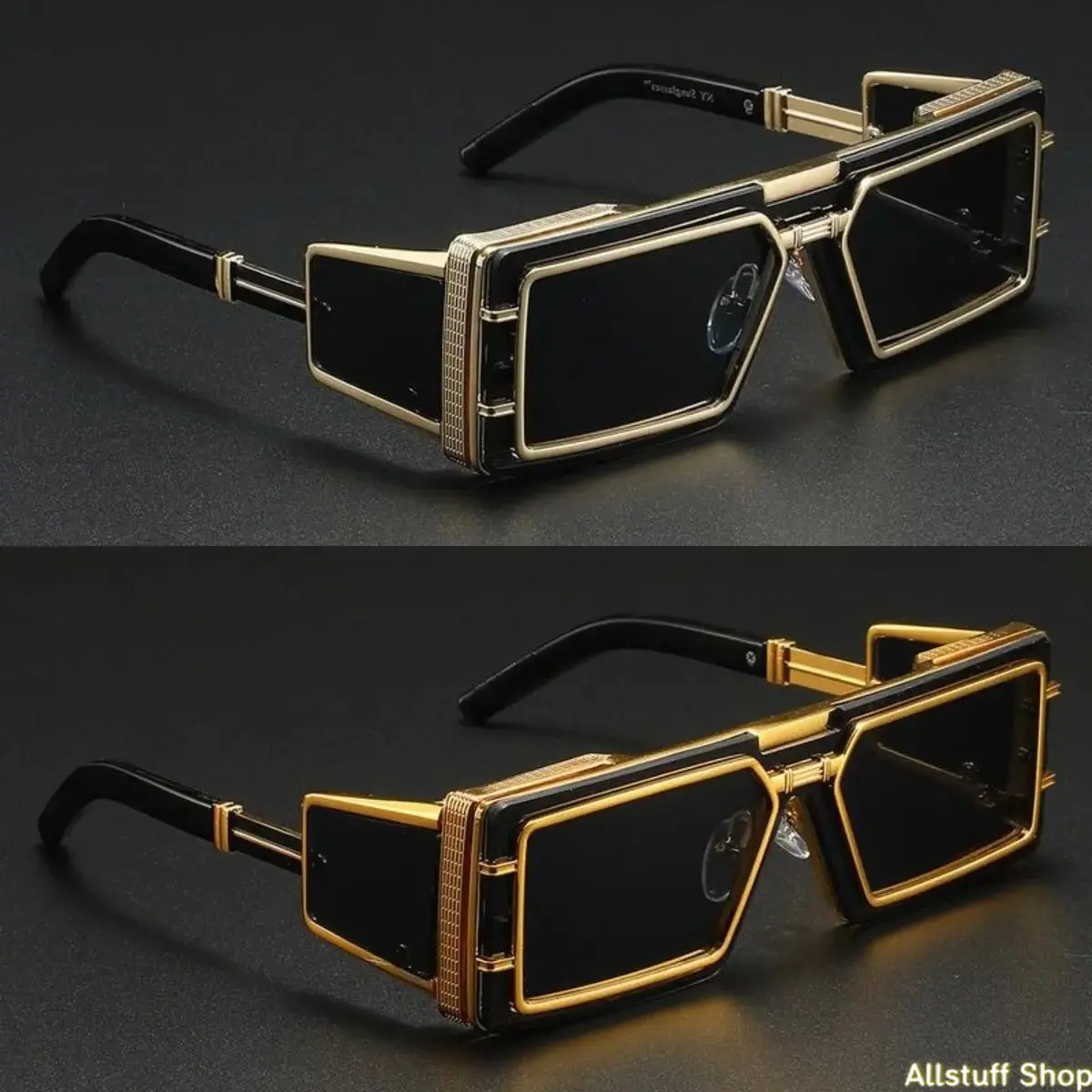 Unisex Futuristic Glam Square Frame Sunglasses, Black Chrome Metal Frame with Cut-Out Accents, Mirrored Shades, Bold Look, UV400 Protection Lenses, Cutout Men's Sunglasses, Dark-Lensed Men's Sunglasses