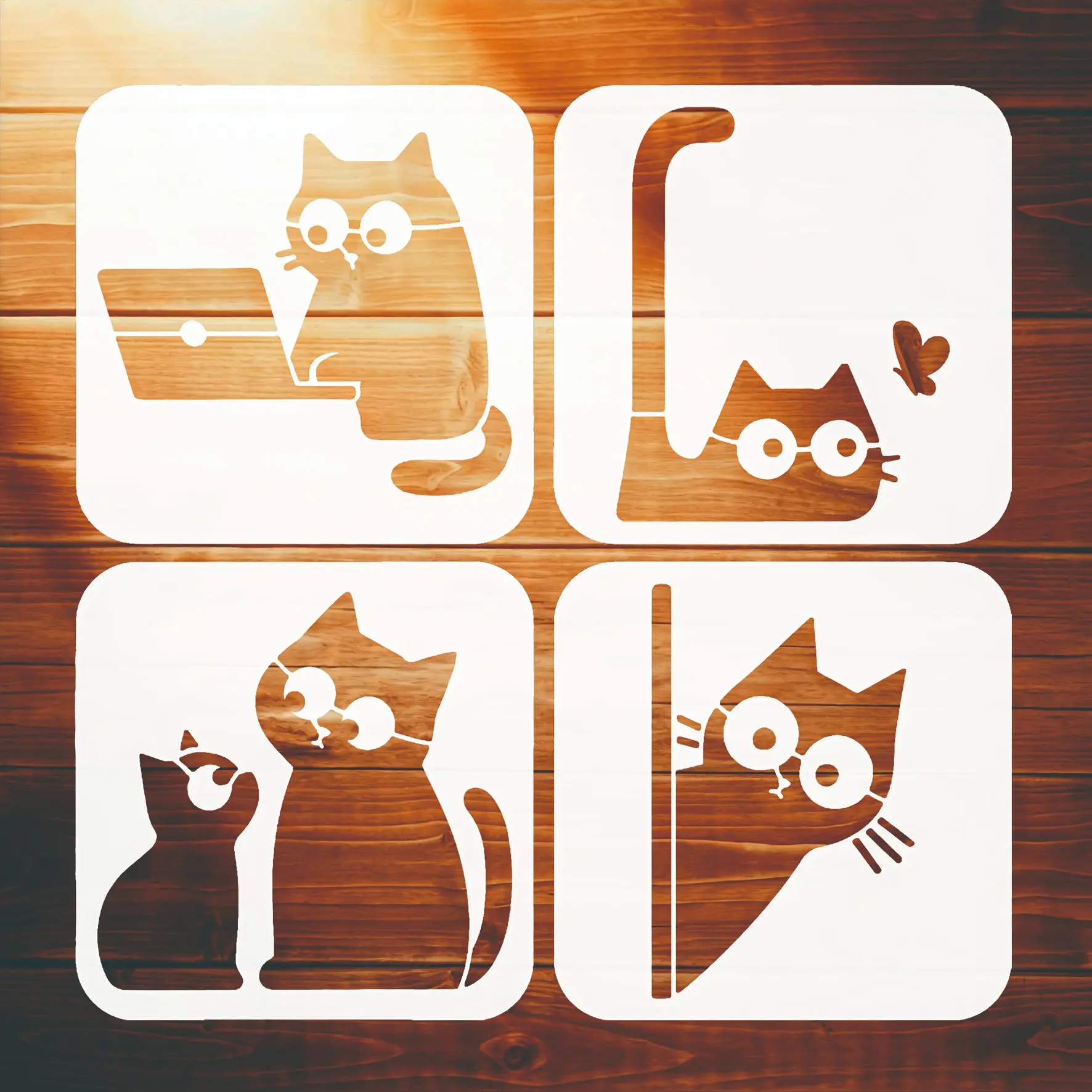 4 Piece Cute Cat Drawing Templates, Washable Reusable Pet Cat Templates, Animal Theme Art Design, Wall Decor, Scrapbooking, Furniture Decoration