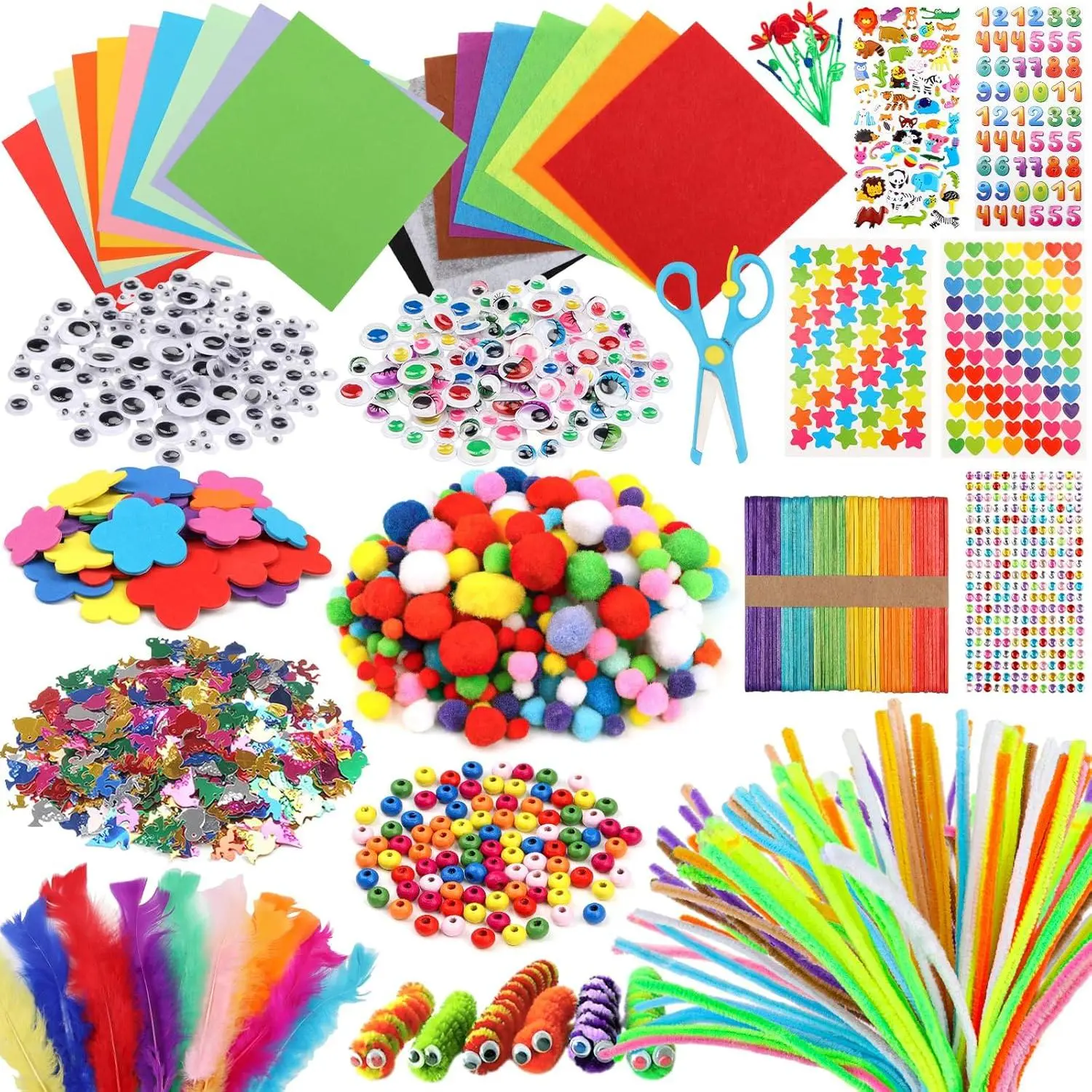 Pipe Cleaners Craft Supplies, 1500+Pcs Arts and Crafts Supplies Including Pipe Cleaner Wiggle Googly Eyes Pom Poms Feathers Sticks Sequins Foam Flowers Papers Felt Stickersfidget toys