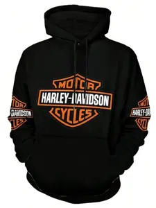 Harley Style Brand Logo Printed Hoodie Sweatshirt, Fitted Long Sleeve Hoodie with Pockets, Fall & Winter Fashion