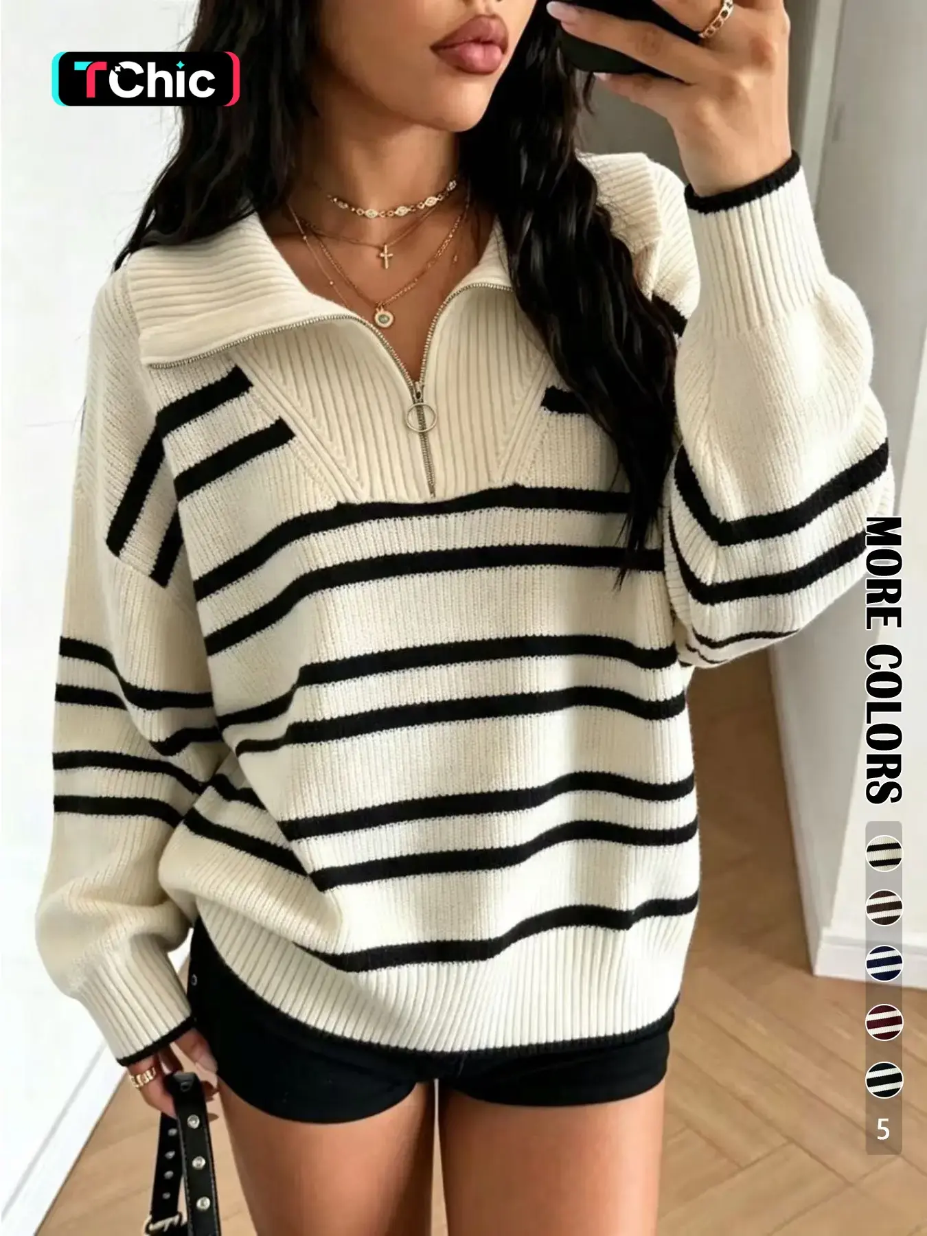 Autumn Winter New Striped Zipper Pullover, Casual Loose-Fit Turn-Down Collar, Versatile Lazy Style, Elegant Women's Sweater