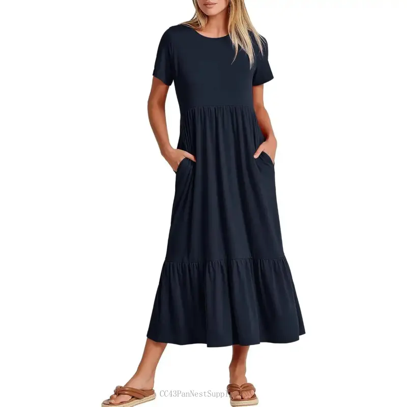 Womens 2025 Summer Casual Maxi Dress A line Tiered Flowy Short Sleeve Crewneck T Shirt Beach Travel Long DressesCC43PanNestSupply