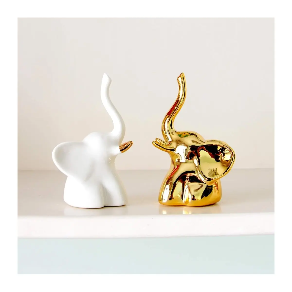 Ceramic Small Decorative Elephant Statue Set, 2-Piece with Gold and White Accents for Shelves, Living Room