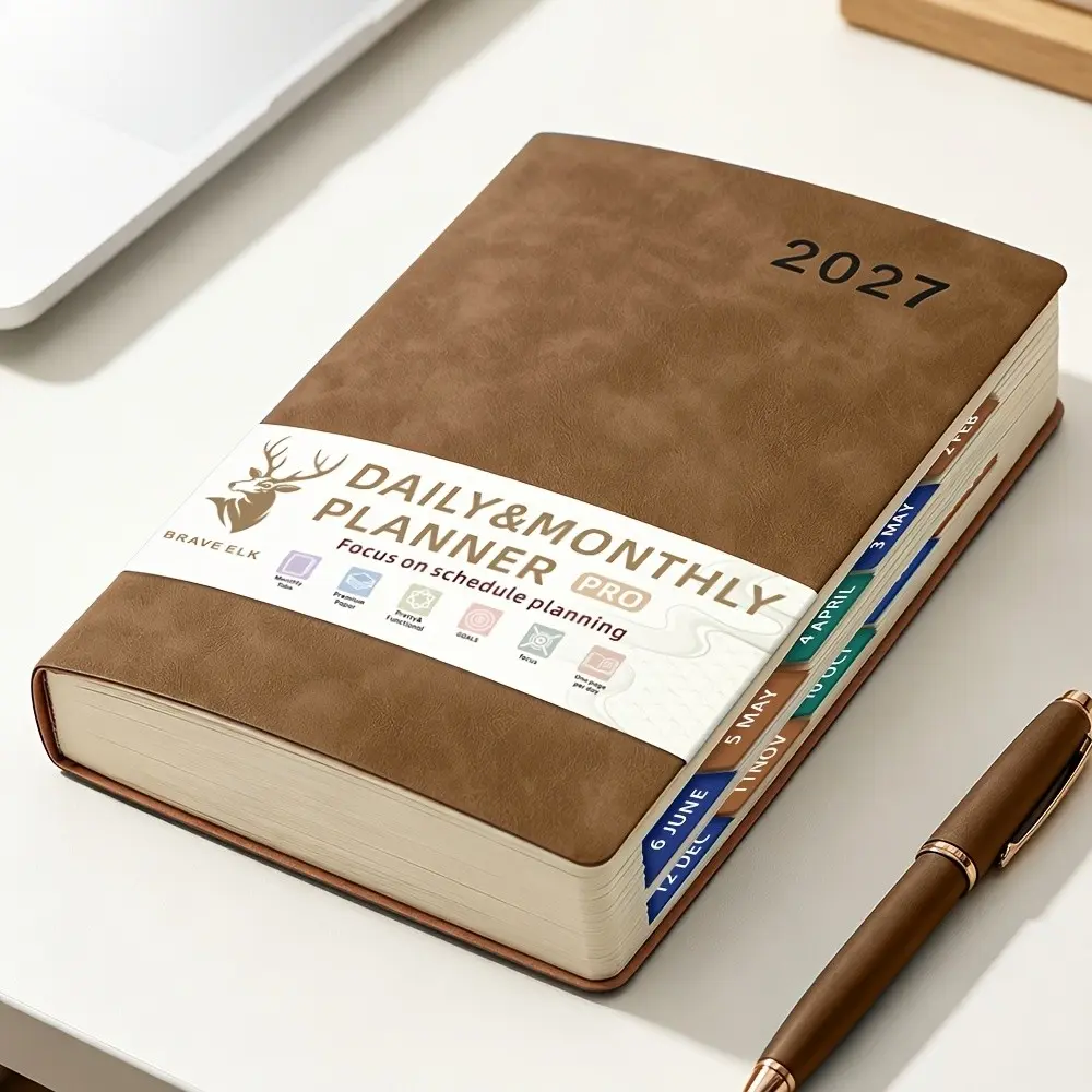 2027 A5 Daily Planner, Office Planner, daily and monthly planning pages with ribbon bookmarks and color side index, faux leather cover and lay-flat binding for organization and reference, ideal for work scheduling, time management and portable