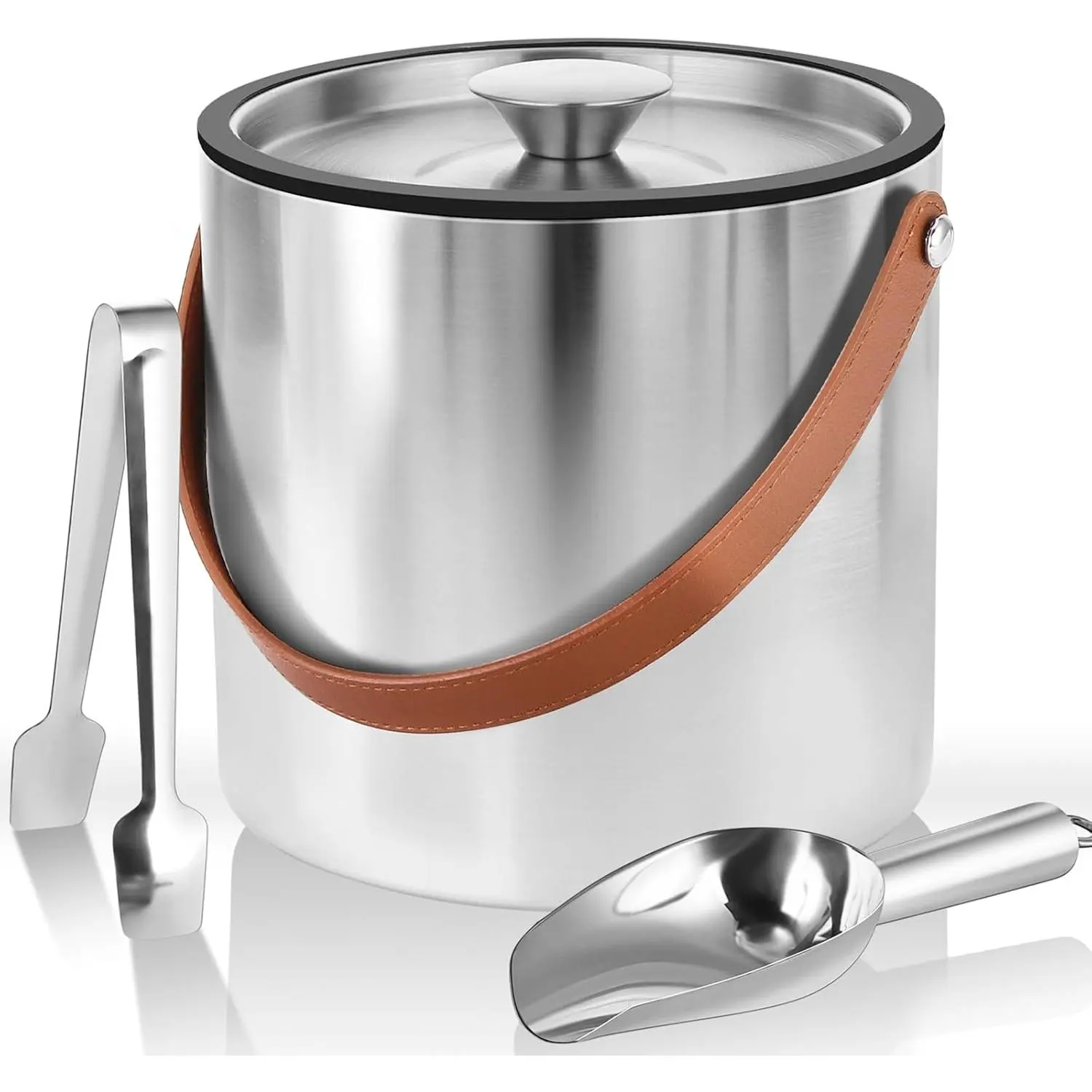 Bar Party Cocktail Chilling Gifts for Dad |   3L Double-Wall Vacuum Insulated Ice Bucket With Lid, Scoop, Ice Tong, Strainer & Leather Handle |   Long-Lasting Ice Cooler for Wine, Beer & Champagne for Home Bar & Gatherings