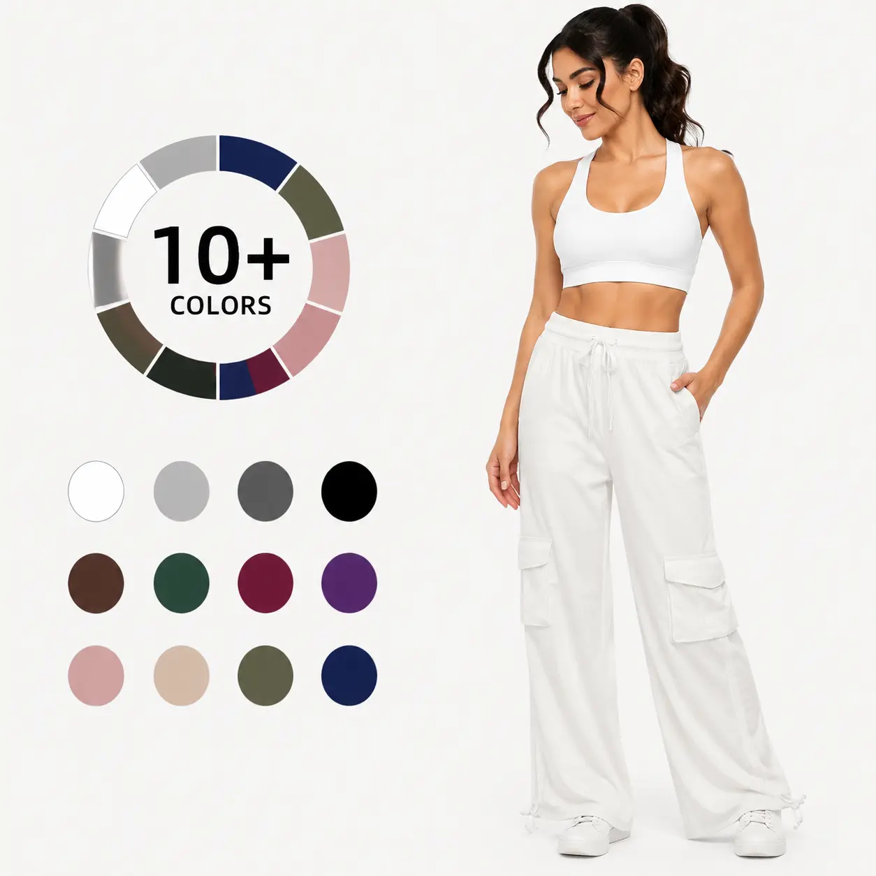 Lady's Rise Active Full-Length Cargo Bottoms - Women's Clothes with Multiple Pockets, Drawstring Elastic Waist, Wide Leg, Adjustable Hem, Lightweight Casual Travel Trousers
