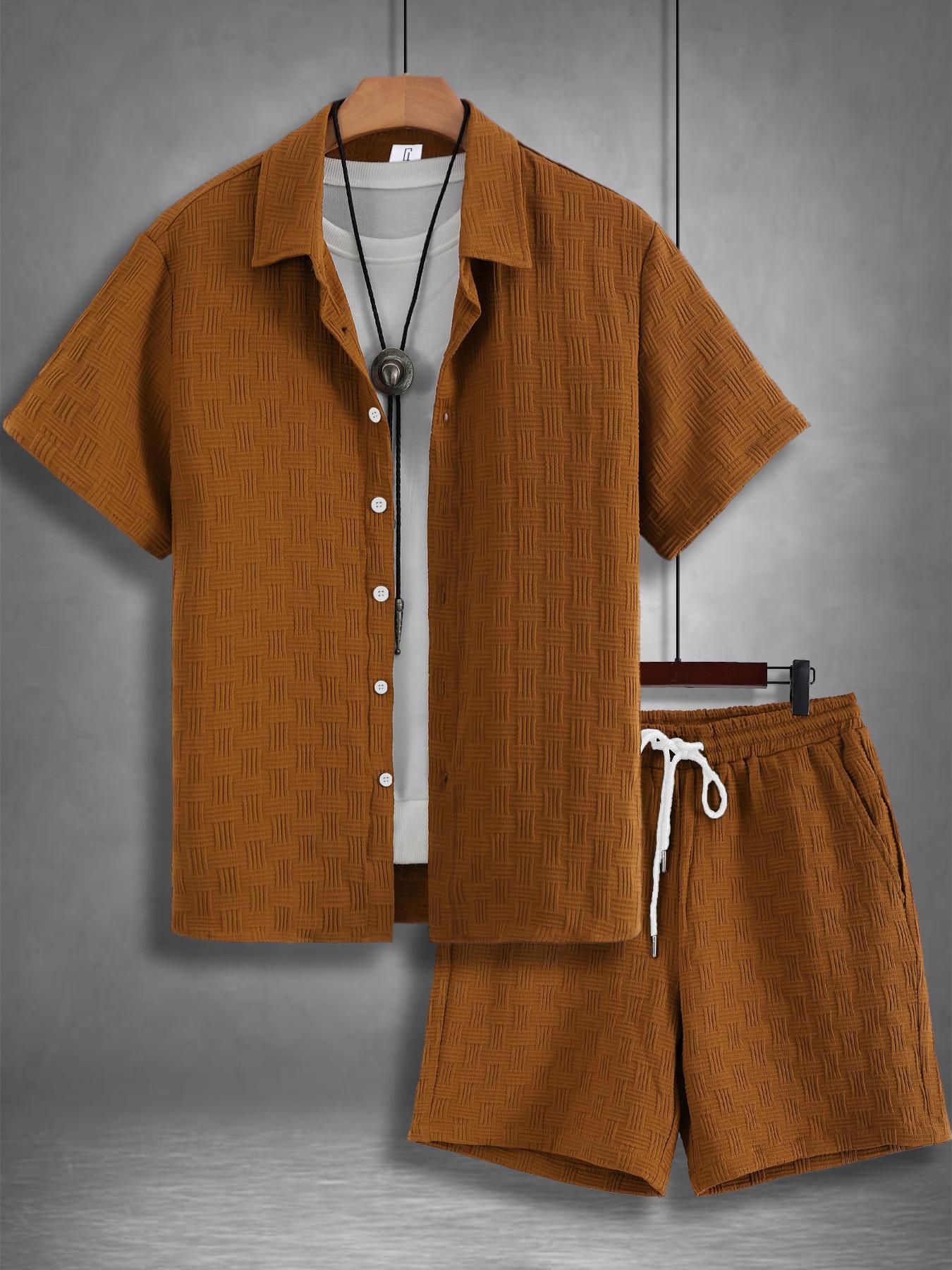 Men's Regular Fit Short Sleeve Pajama Two-piece Set, Casual Comfy Button Up Top & Shorts Pj Set, Men's Summer Sleepwear, Loungewear, Lounge Pajamas, Pyjamas, Plain, Casual Loungewear Outfit