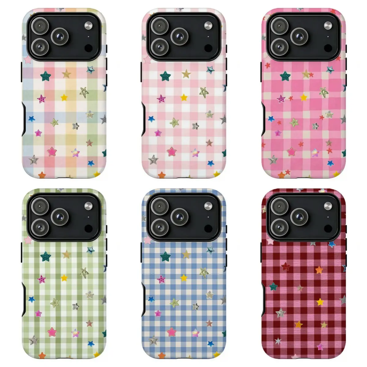 FL-Pastel Gingham Star Phone Case,Cute Y2K Gingham Star Phone Case,Soft Multicolor Plaid with Sparkly Stars Protective Cover For iPhone 17 Pro Max 16 15 14 13 12 11 8 7 Plus for Samsung S26 Ultra S25 24 23 22 21 Case-Perfect Holiday Gift for her/him/fans
