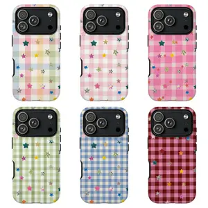 FL-Pastel Gingham Star Phone Case,Cute Y2K Gingham Star Phone Case,Soft Multicolor Plaid with Sparkly Stars Protective Cover For iPhone 17 Pro Max 16 15 14 13 12 11 8 7 Plus for Samsung S26 Ultra S25 24 23 22 21 Case-Perfect Holiday Gift for her/him/fans