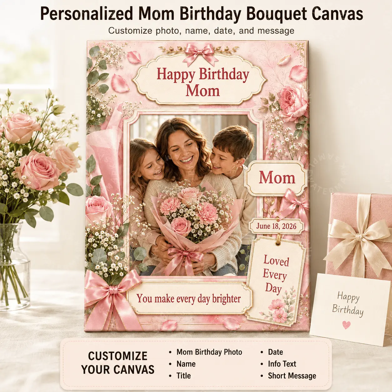 Personalized Mom Birthday Bouquet Canvas, Custom Photo Name Date Message Pink Floral Wall Art, Birthday Gift for Mom, Aesthetic Poster, Bedroom Living Room Office Wall Decor
