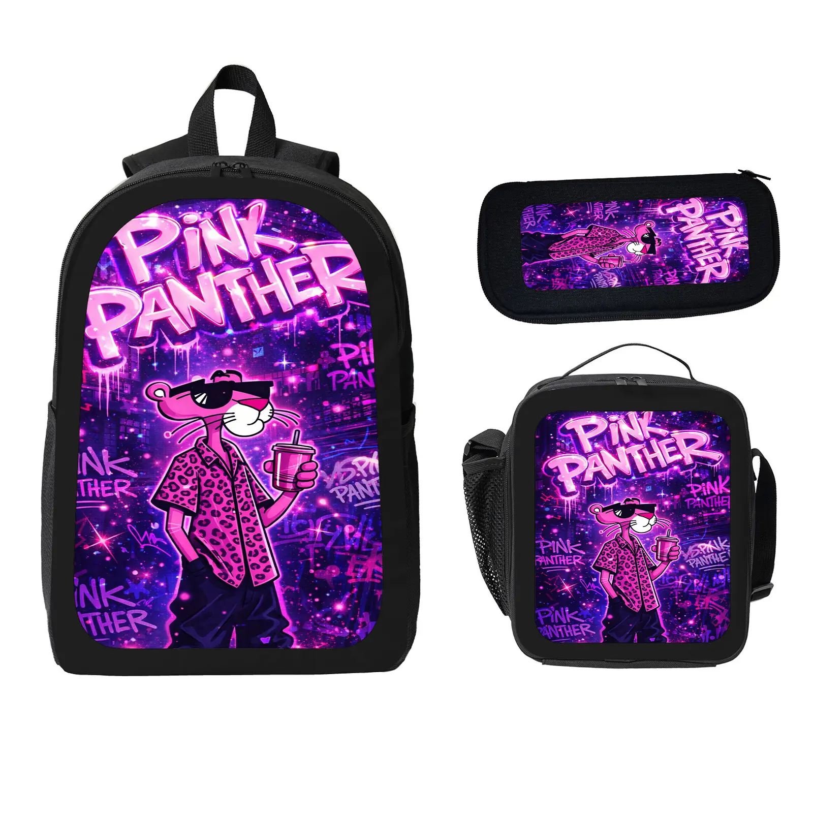 Pink Panther 3-Piece School Backpack Set for Kids, Large Capacity Water-Resistant Bookbag with Insulated Lunch Bag & Pencil Case, Travel Daypack for Elementary-Middle School e-56