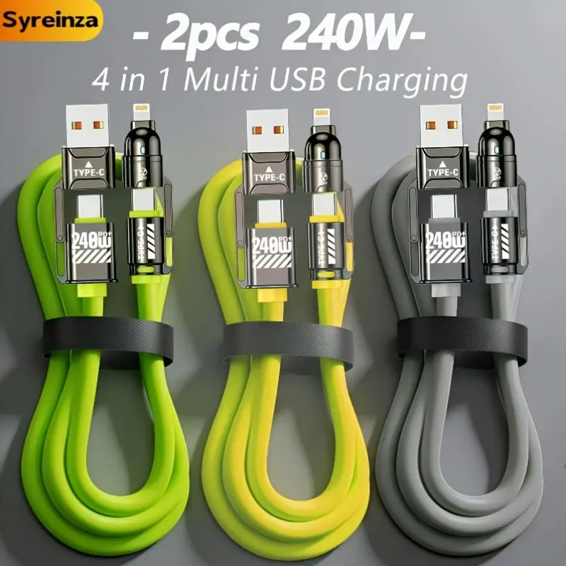 2pcs 240w Fast Charging Cable Set, 4-In-1 Multi-Port Charger for iPhone, Samsung, Lg, Google Pixel, Xiaomi, Tablets, Ultra-Fast Charging