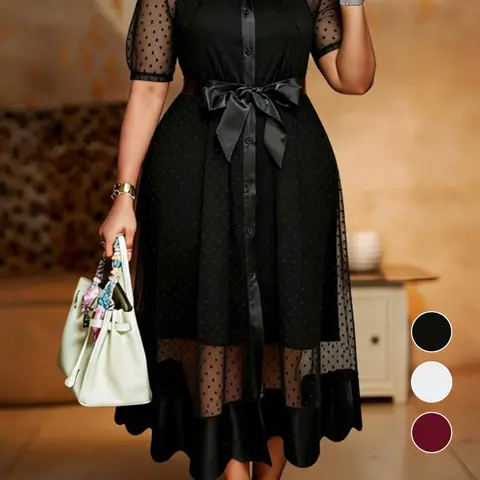 Plus Size Women Elegant Two Piece Set, Lapel Short Sleeve Belted Sheer Outerwear with Cami Dress, Party Cocktail Office Spring Summer Wear, Cocktail Formal Wear