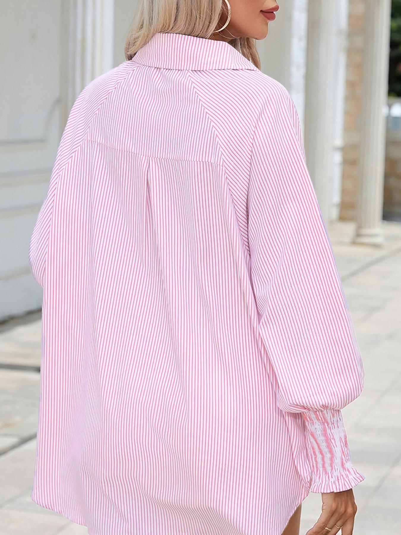 Women's Striped Print Shirred Bishop Sleeve High Low Curved Hem Blouse, Casual Long Sleeve Button Front Pocket Collared Top for Spring & Fall, Women's Clothing for Daily Wear, Summer Tops, Womenswear