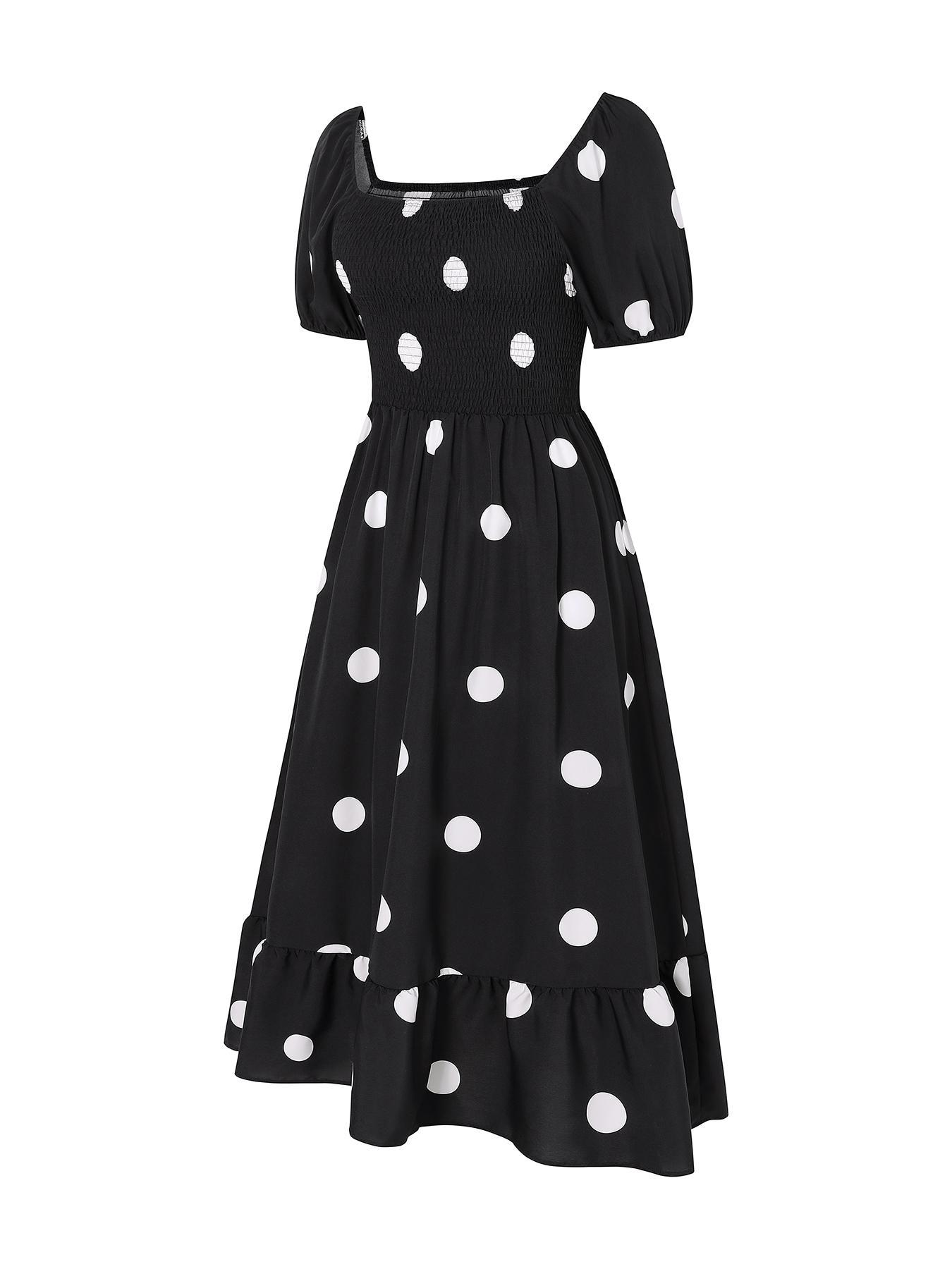 【Plus Size】 Frenchy Style Ditsy Floral Print Puff Sleeve A Line Maxi Dress, Square Neck Shirred Dress, Dresses for Women, Women's Clothes for Summer, Casual Wear