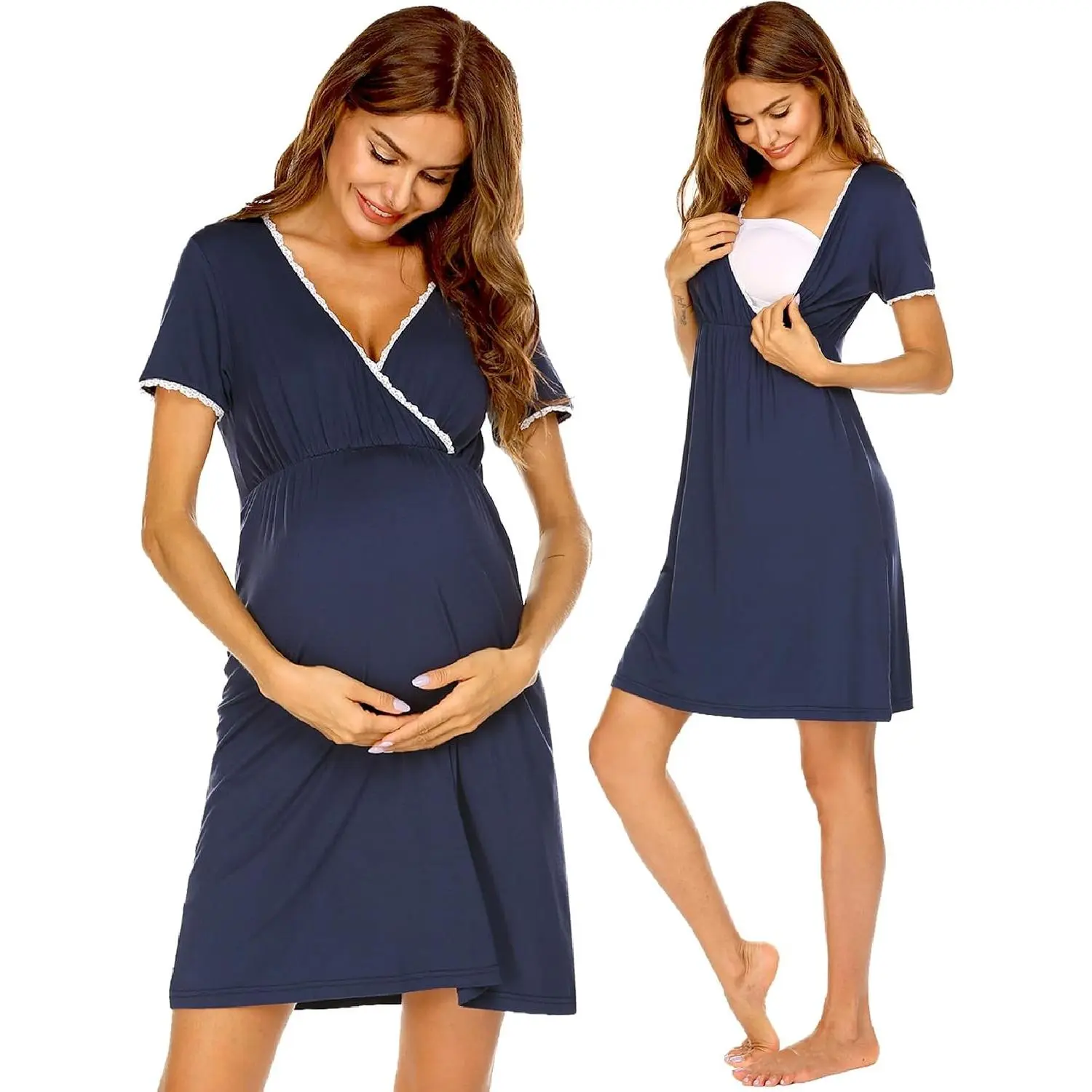 Nursing Nightgown Labor and Delivery Gown Maternity Pajamas, Short Sleeve Birthing Gown, Lace Trim V Neck Breastfeeding Gown, Postpartum Outfits