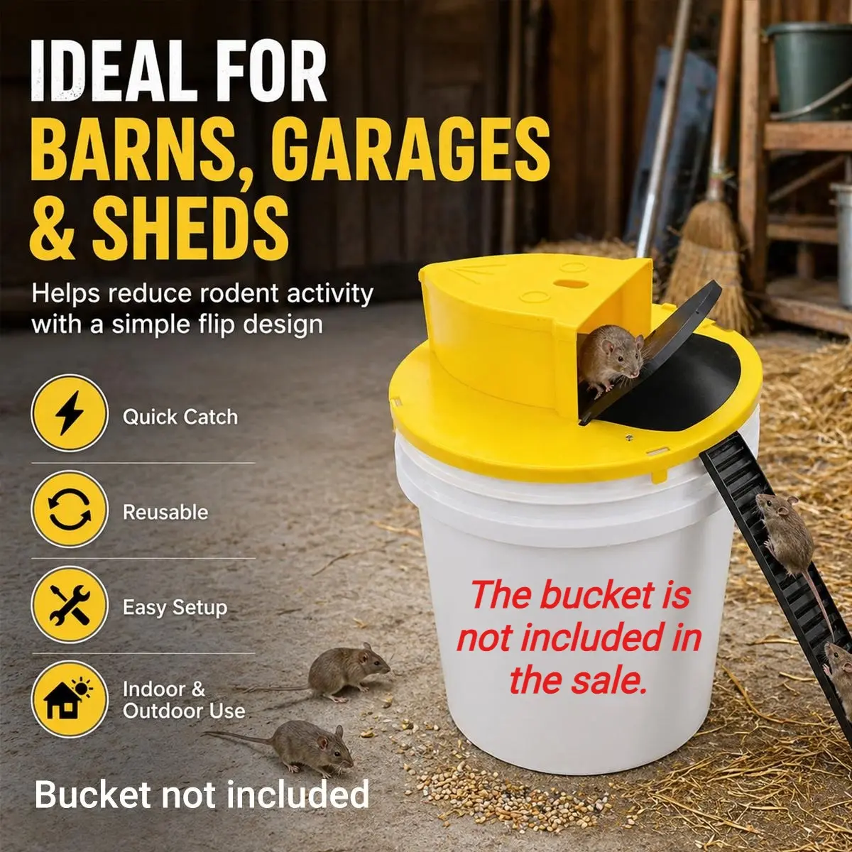 Flip N Slide Bucket Lid Mouse Trap Kit, Reusable Auto-Reset Multi-Catch Rat & Mouse Trap with Ramp, Durable ABS Food-Bait Pest Control Catcher for Indoor Outdoor Home Garage Kitchen Basement Yard, No-Touch Rodent Trap, Bucket Not Included