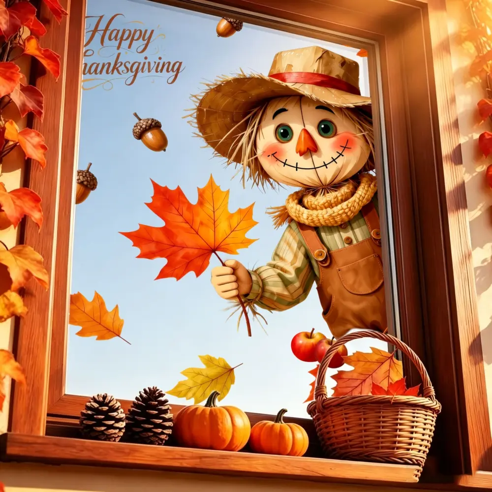 1Pc Autumn Harvest Scarecrow Design Irregular Static Window Clings Window Stickers Happy Thanksgiving Fall Leaves Pumpkins Acorns For Home, Kitchen & Classroom, Easy Apply Removable Decor