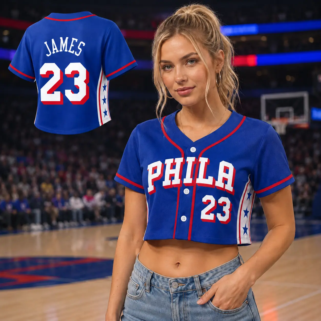 Women’s Cropped #23 James Philadelphia Basketball Jersey – Royal Blue Short Sleeve Button Front Baseball Top, Game Day Outfit, Retro Sports Streetwear Crop Top