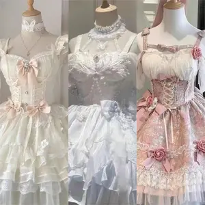 2025 Gothic Sweet Floral Strap Lolita Dress Women Causal Y2k Party Midi Dress Beach Bow Kawaii Clothing One Piece Dress Punk