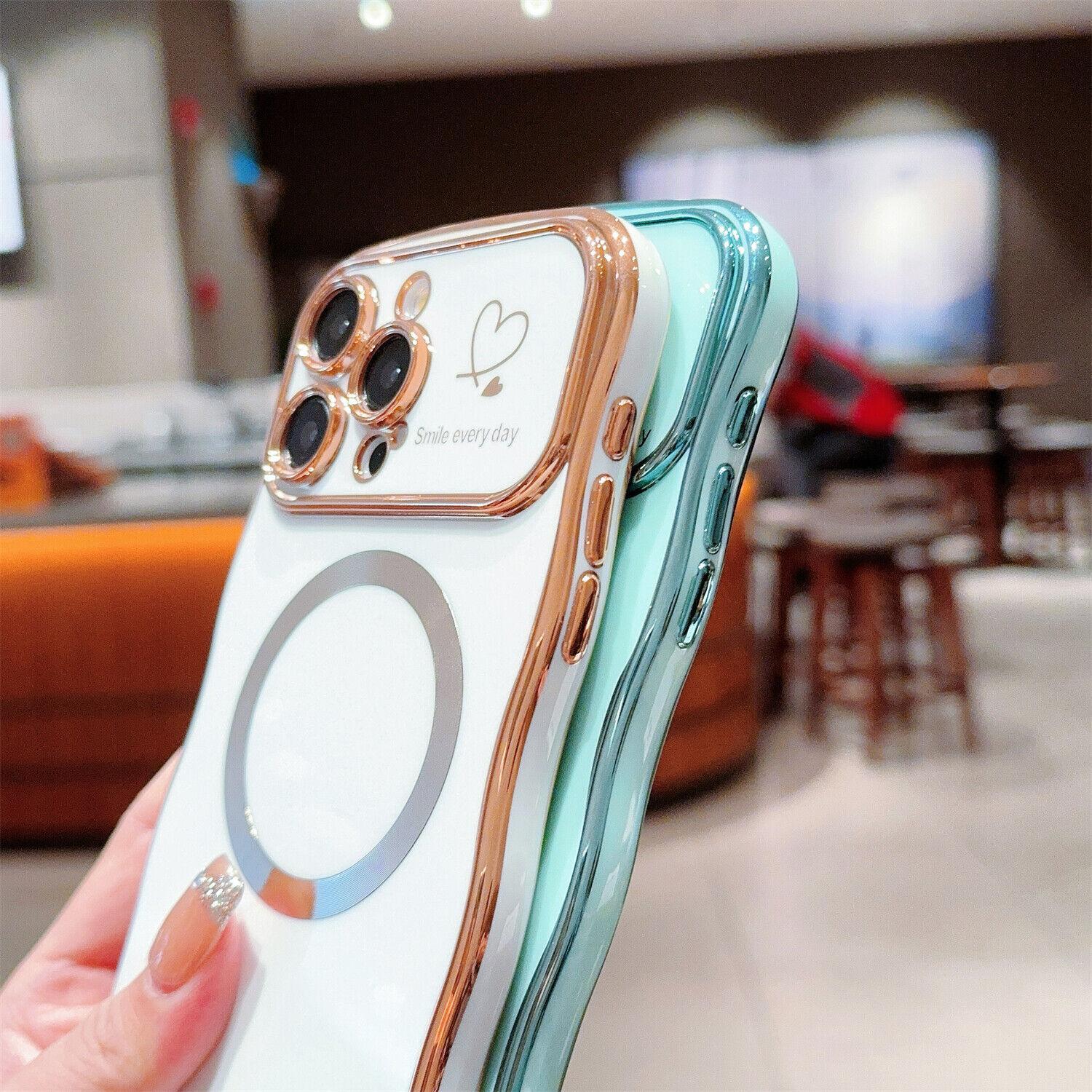 Luxury Plating Cute Heart Pattern Case for iPhone 17 Pro Max/17 Air 16/15/14/13 Cover Curly Wave Frame Fashionable for Women Girls Camera Protection Slim Shockproof Phone Case