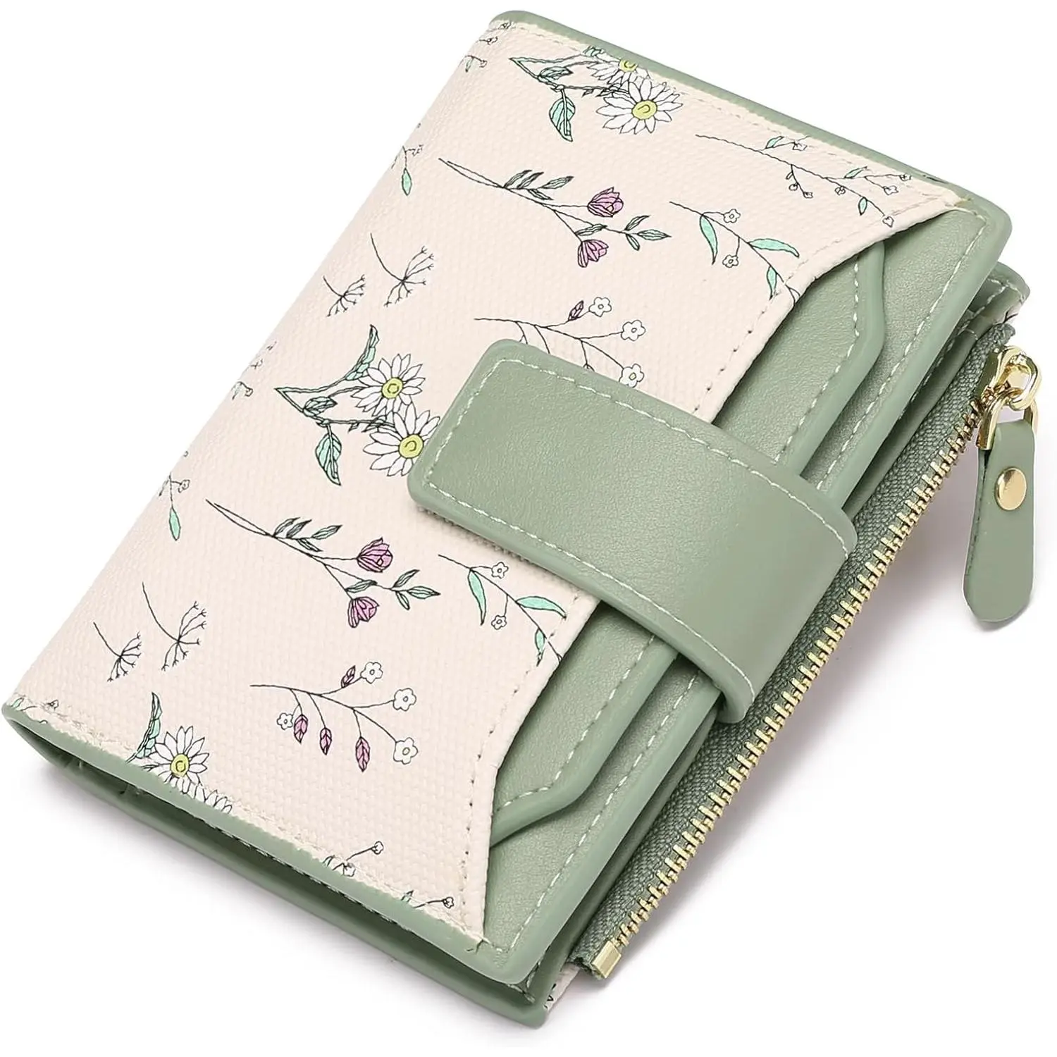 Small Wallets Woman RFID Blocking Vegan Leather Bifold Floral Ladies Compact Card Holder with Zipper Pocket ID Window