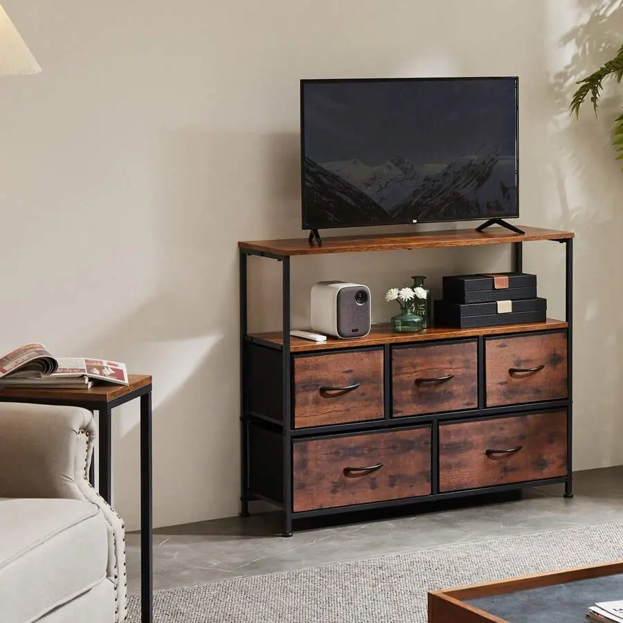 45-Inch Rectangular Dresser Stand TV Stand - Metal Frame Indoor Furniture, 5-Drawer Single Unit Storage with Open Shelf, Adjustable Feet, Easy Setup for Bedroom & Living Room