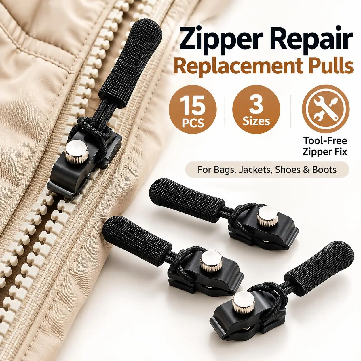 15PCS Zipper Repair Kit, 3 Sizes Detachable Replacement Zipper Pulls, Tool-Free Zipper Fix for Jackets, Bags, Backpacks, Luggage, Shoes & Boots, Quick Zipper Repair Accessories