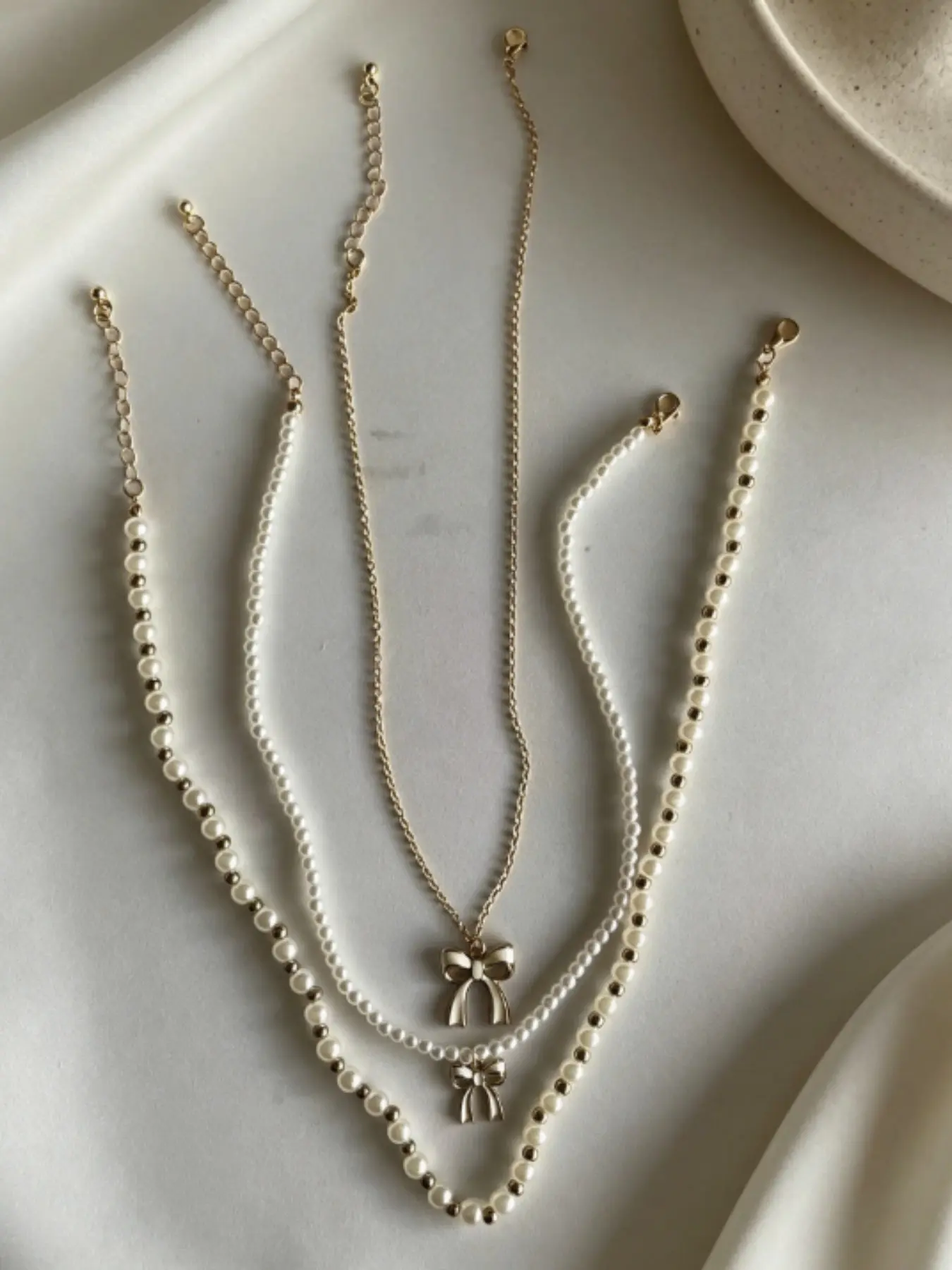 New Jewelry Gift Set, Minimalist Unique Design, Cute Bow Pendant, Pearl Bead Necklace, Kids' Necklace Set, Fashionable Accessories, Alloy Necklace