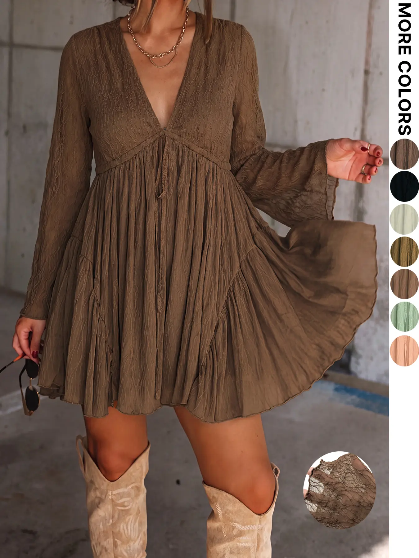 Women's V Neck Long Sleeve Dress with Pants Lining, Vintage Elegant Casual Spring Fall Mini Dress, Loose Fit Plain Pattern, Casual Wear