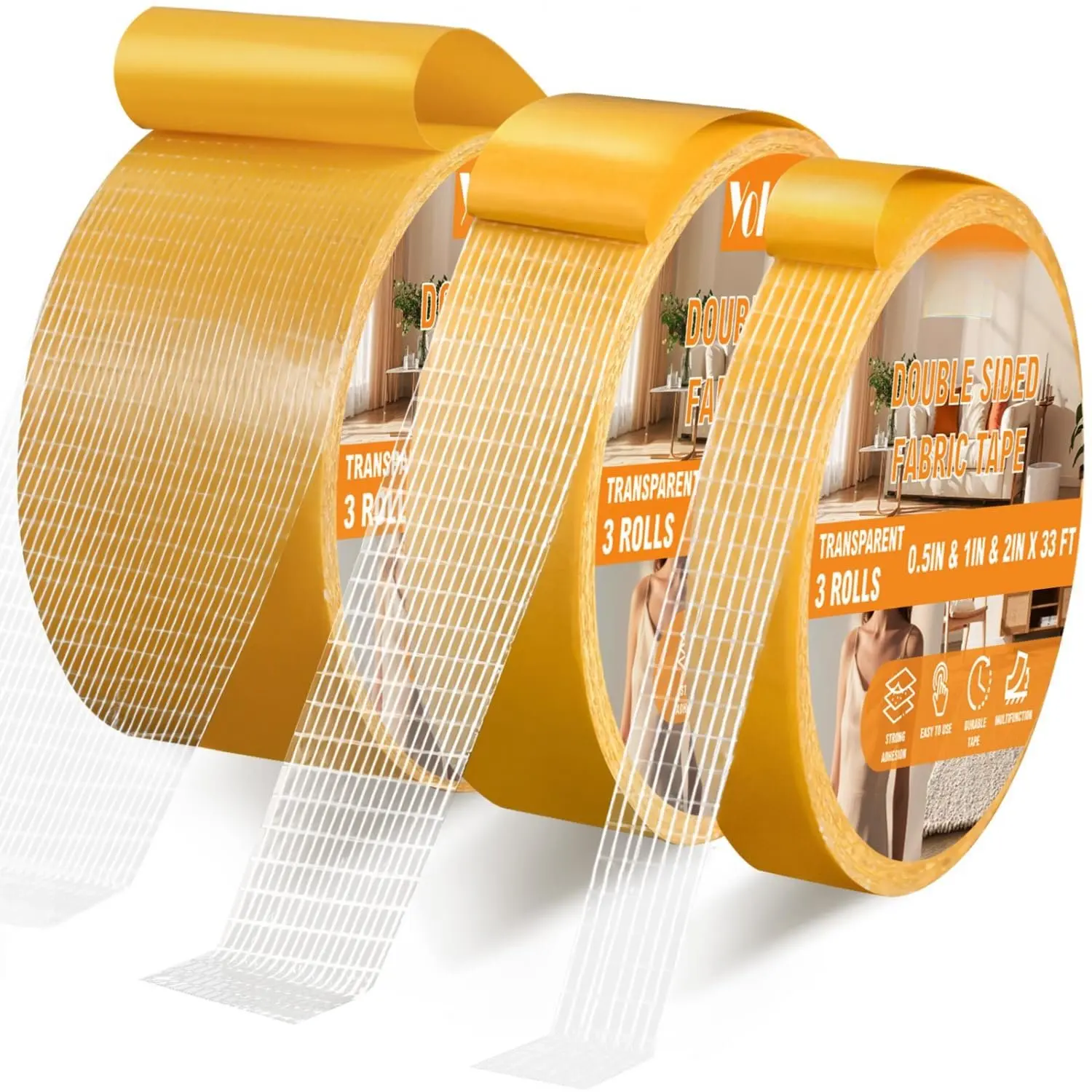 Double Sided Fabric Tape Heavy Duty 3 Rolls  Adhesive Hem Tape No Sewing No Ironing Fabric and Carpet Tape for Clothes Curtains Rugs Removable No , Not Washable
