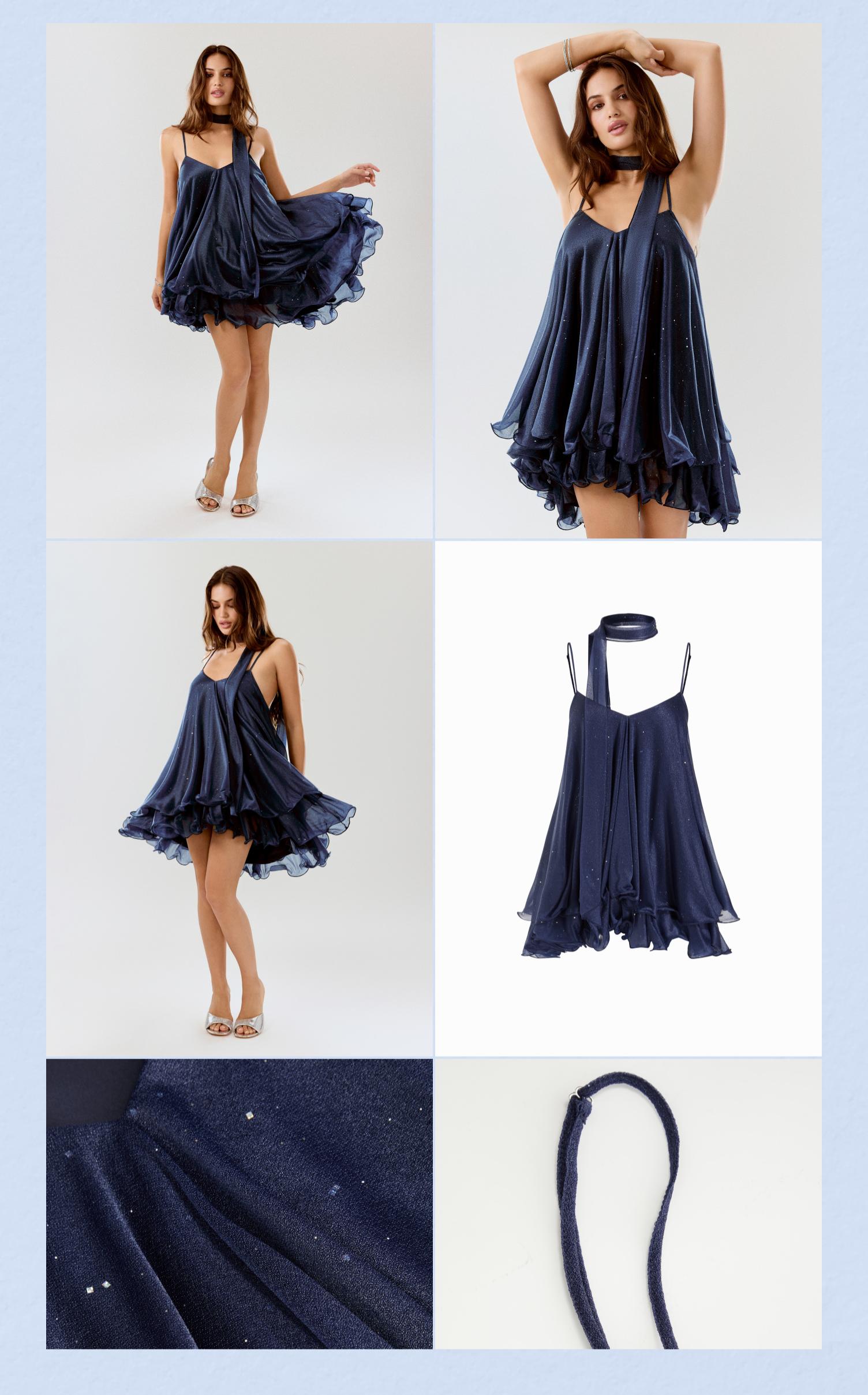 Cider Sequin V-Neck Halter Ruffled Hem Oversized Mini Dress With Scarf SpringStatements