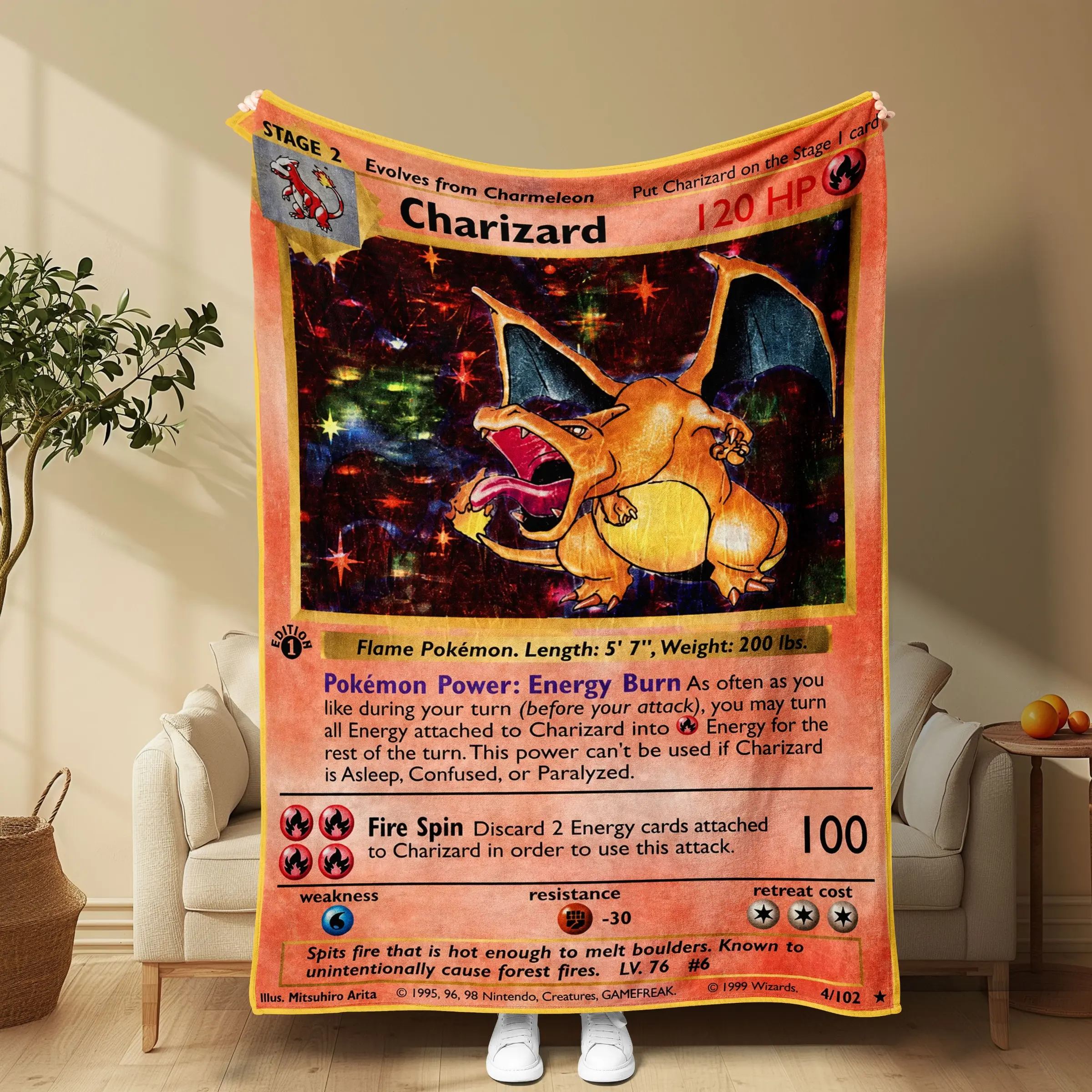 Vintage Pokémon Card Blanket, Starry Night Print, Retro Fire Type, Cozy Sofa Cover, Bedspread, Collectible for Fans