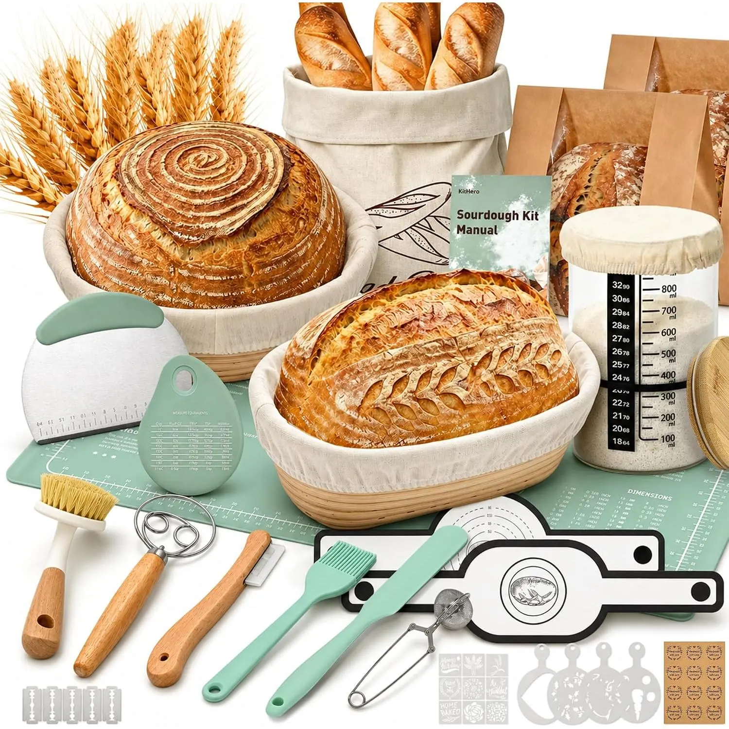 Premium Sourdough Kit - Complete Bread Proofing Basket Baking Sets with Cast Iron Pot, Round/Oval Baskets, Starter Jar, Bread Slings, Silicone Mat, Scraper - Kitchenware Gift for Home Bakers