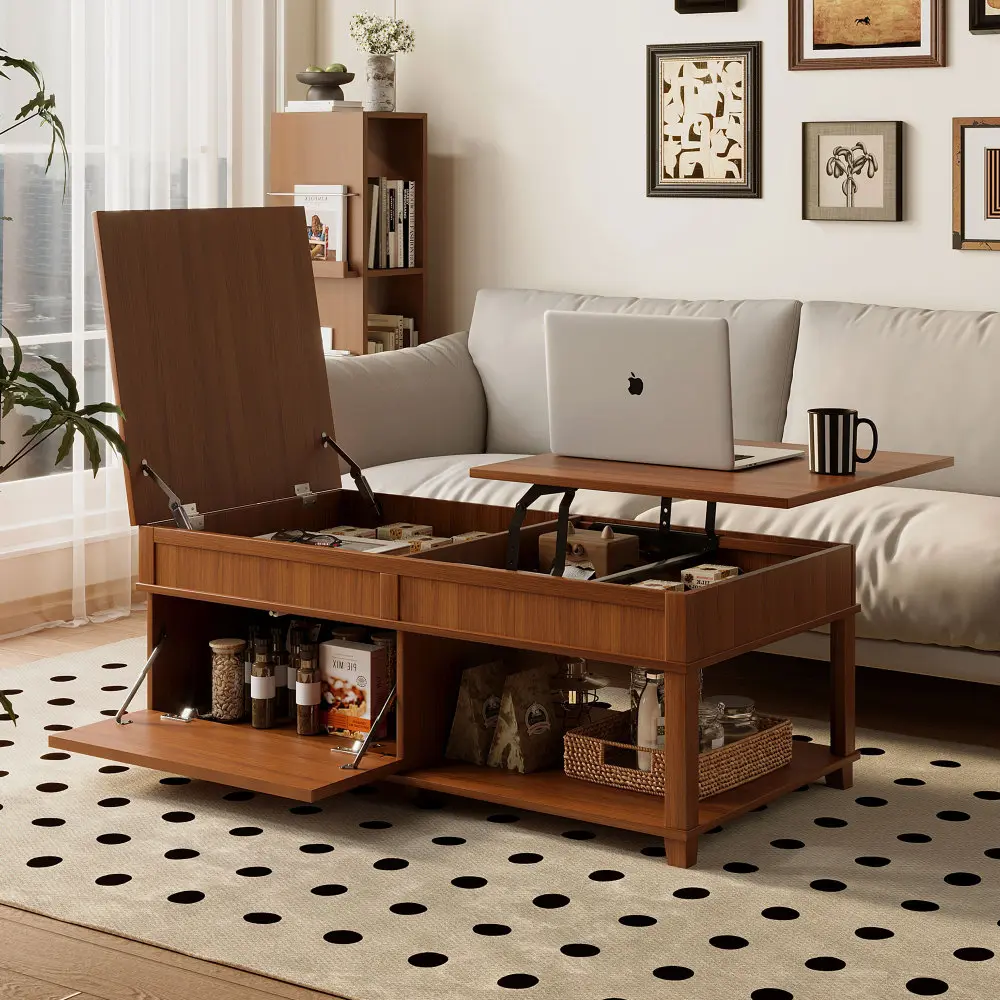 U-Can Lift-Top Coffee Table with Hidden Compartment, Open Shelf, and Adjustable Desktop,