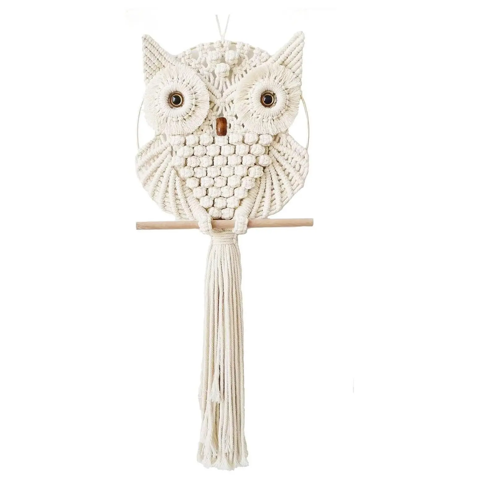 Hand Woven Boho Owl Macrame Wall Hanging Tapestry | Macrame Owl Decor for Bedroom, Living Room, Nursery (Beige-S)Gift