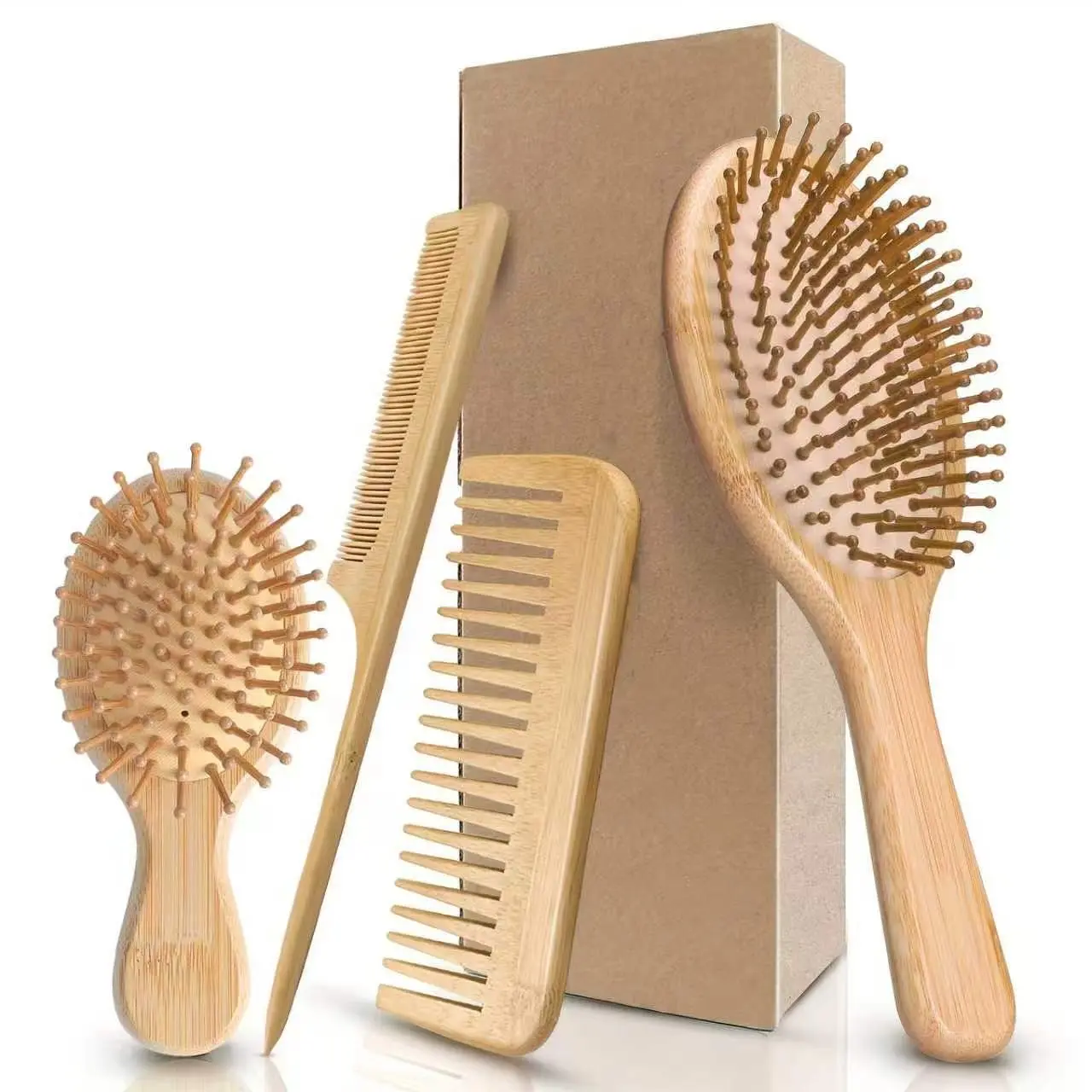 4pcs Natural Bamboo Hair Brush Set, Paddle Massage Hairbrush, Detangling Comb, Anti-Static Scalp Care, Portable Travel Gift for All Hair Types