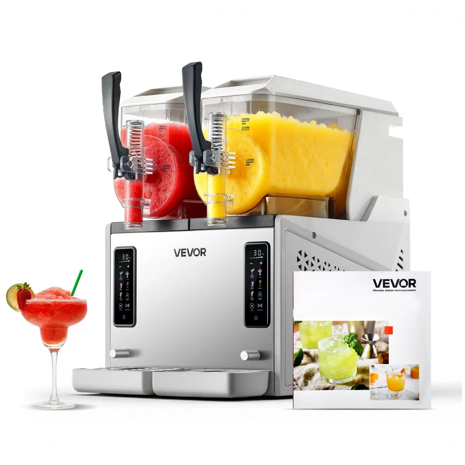 【Summerfinds】VEVOR X-60 Model 2-Pc 3L PC Tank Slushie Machine, 100oz No-Ice Frozen Drinks Maker with Self-Cleaning, 56.22 lbs Food-Grade Polycarbonate Margarita Maker for Home Use, LED Light, 13.86x17.32x20.08 inches