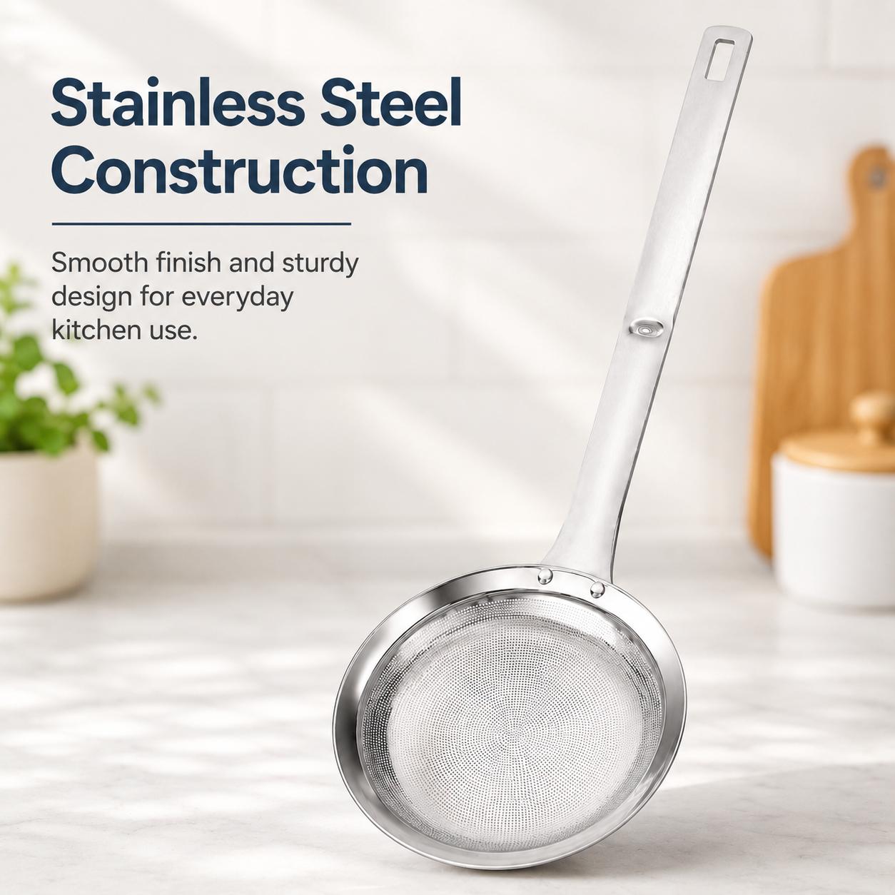 Large Stainless Steel Mesh Colander Strainer with Handle - Functional Grease Filter, Efficient Kitchen Cooking Accessory for Oil Residue Filtering