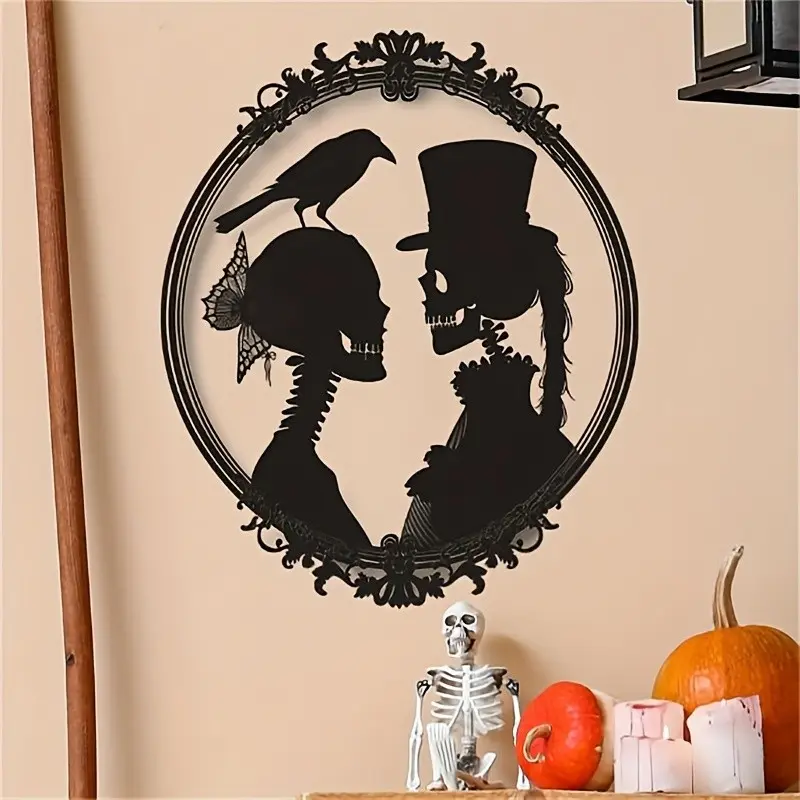 Halloween Festival Wall Sticker, Skull Bride and Groom Silhouette, Retro Door Decal, Home Decor, Window Display, Self-Adhesive Party Decoration