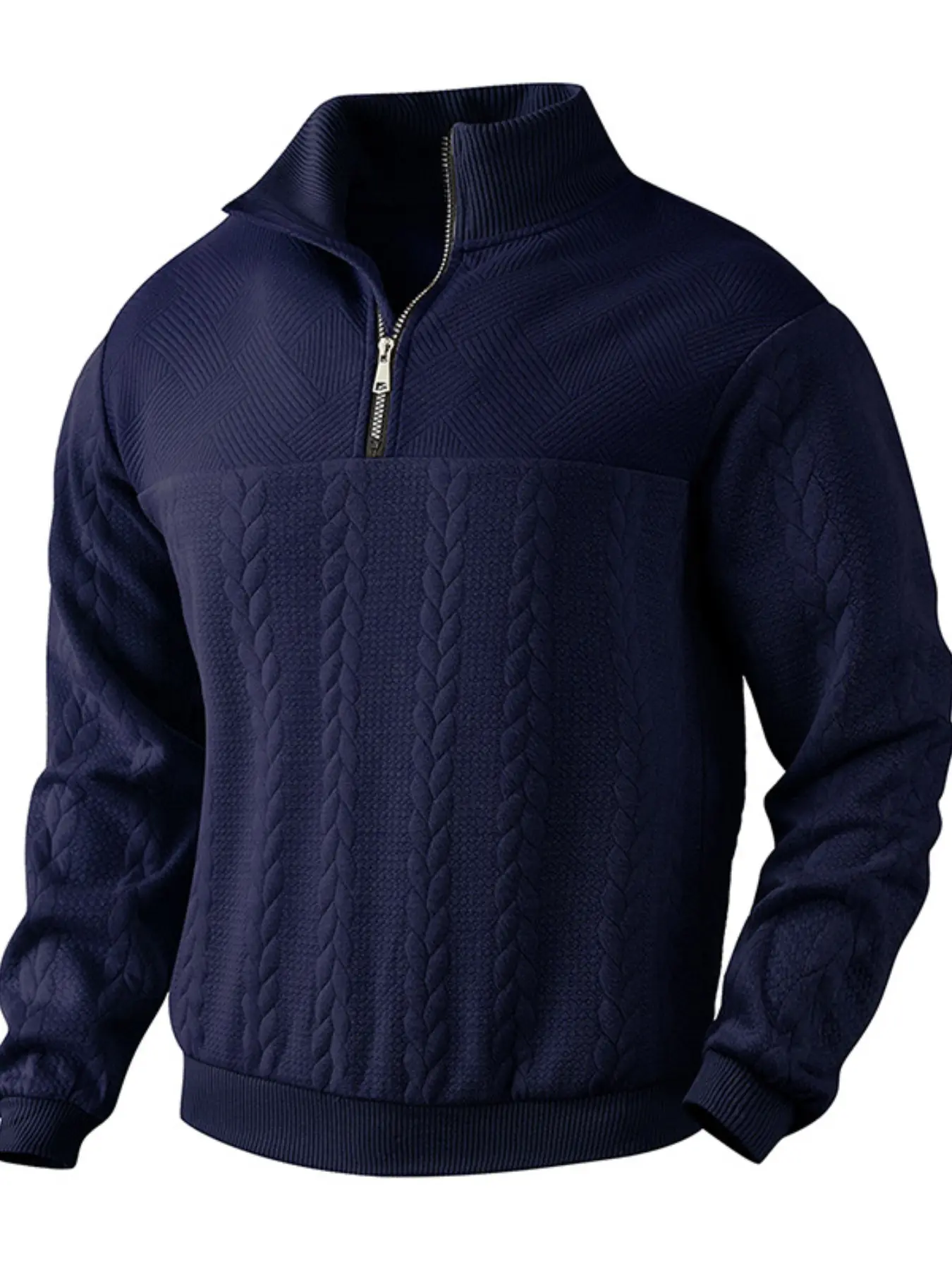 Men Cable Knit Quarter Zip Pullover Sweatshirt, Stand Collar Long‑Sleeve Textured Sweater, Relaxed‑Fit Casual Top For Business Daily Street Outdoor Wear