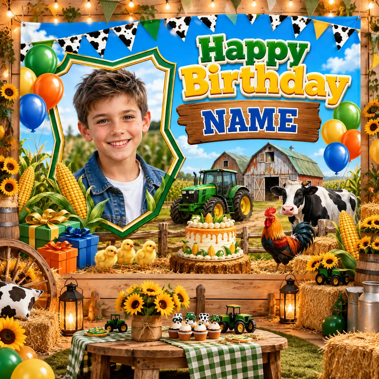 Personalized Farm Birthday Backdrop with Custom Photo & Name, Barn Cow Chicken Corn Balloons Cake Country Party Photo Background