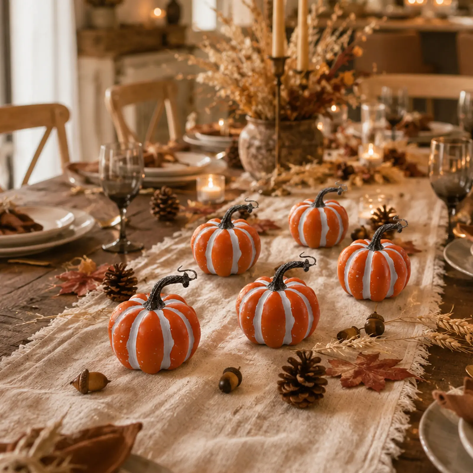 Artificial Orange and White Striped Pumpkin Ornament Halloween Thanksgiving Home Window Decoration