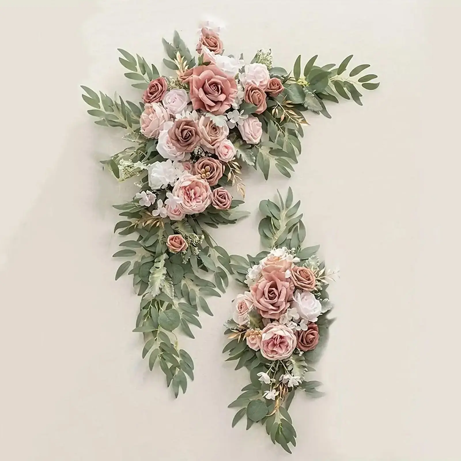 2 pcs elegant romantic pink artificial wedding arch flower decoration, featuring simulated roses, peonies, and green leaves, ceremony backgrounds, photography, reception decorations, and outdoor garden decorations