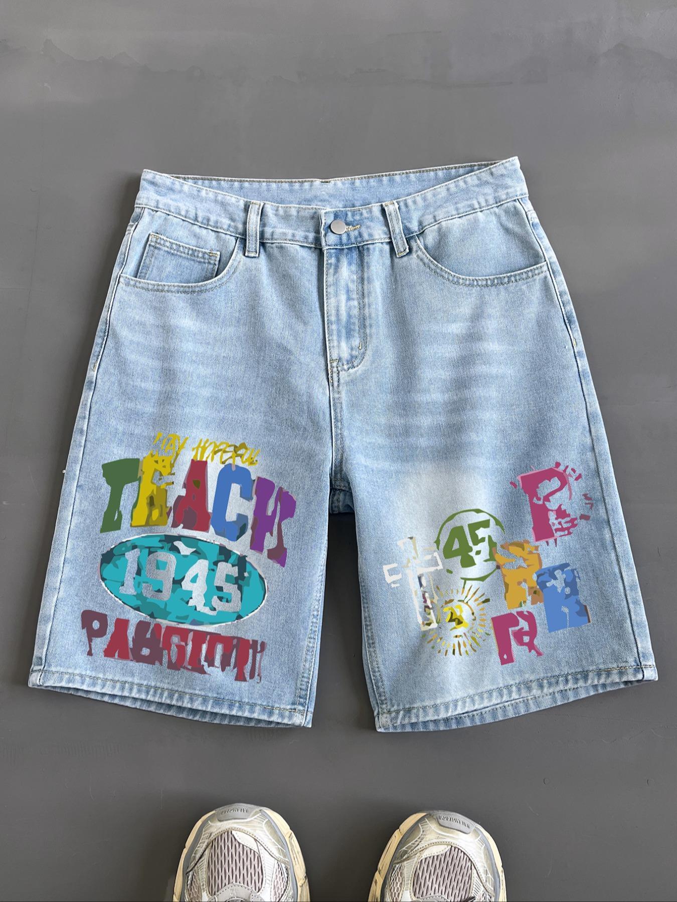 Men's Colorblock Letter Print Denim Graphic Shorts, Loose Casual Fashion Paint Splatter Shorts for Summer, Men's Bottoms for Daily Wear