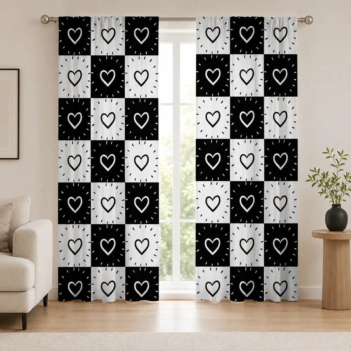 Set of 2 Black and White Checkerboard Heart-Print Curtains – Single-Sided Print, Semi-Blackout Rod-Pocket Style. Available in Multiple Sizes; Fade-Resistant. Suitable for Bedroom, Kitchen, or Living Room Decor (Rod Not Included).