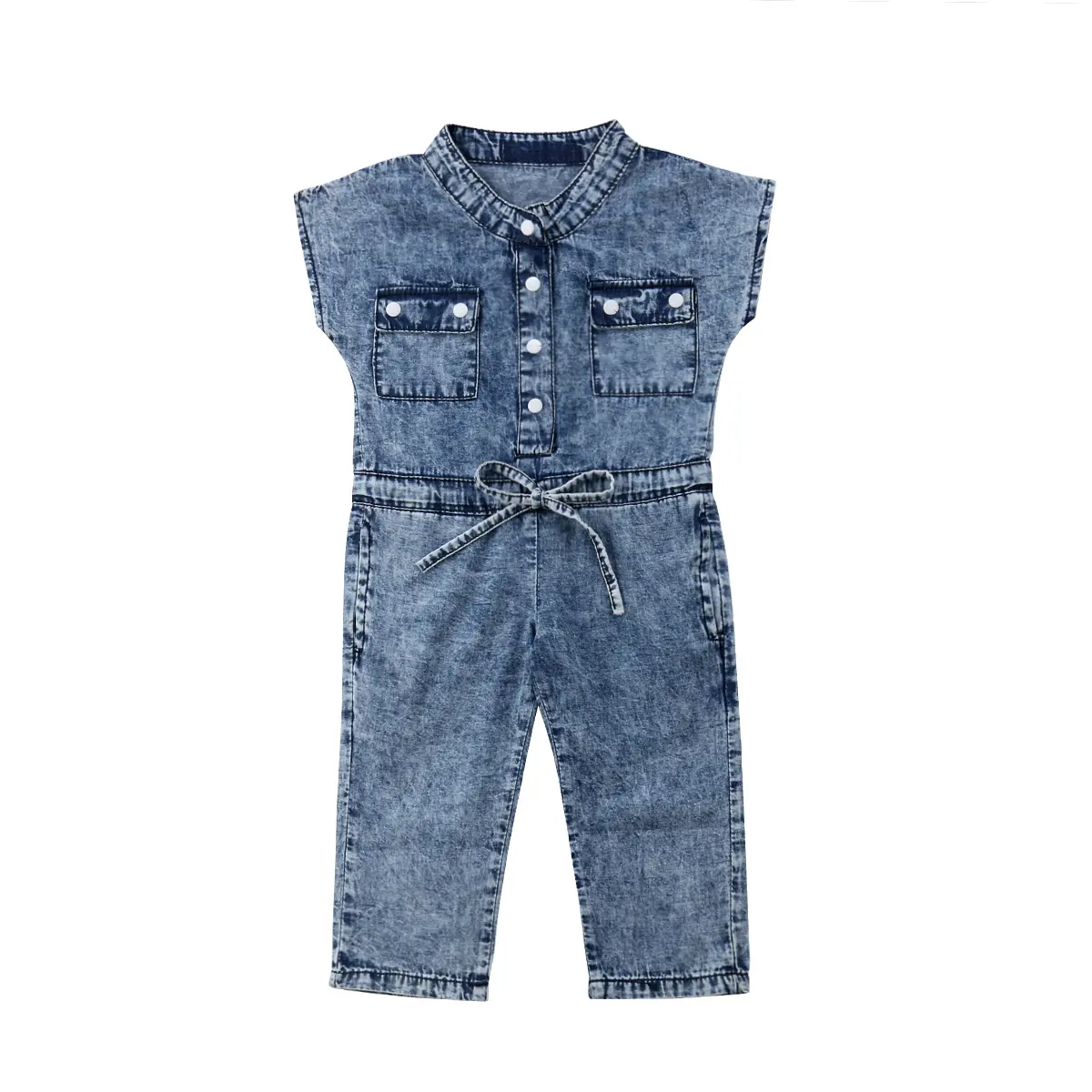 Kids Baby Girls Fashion Denim Jumpsuit Sleeveless Turn Down Collar Button Up  Long Pants With Chest Pockets