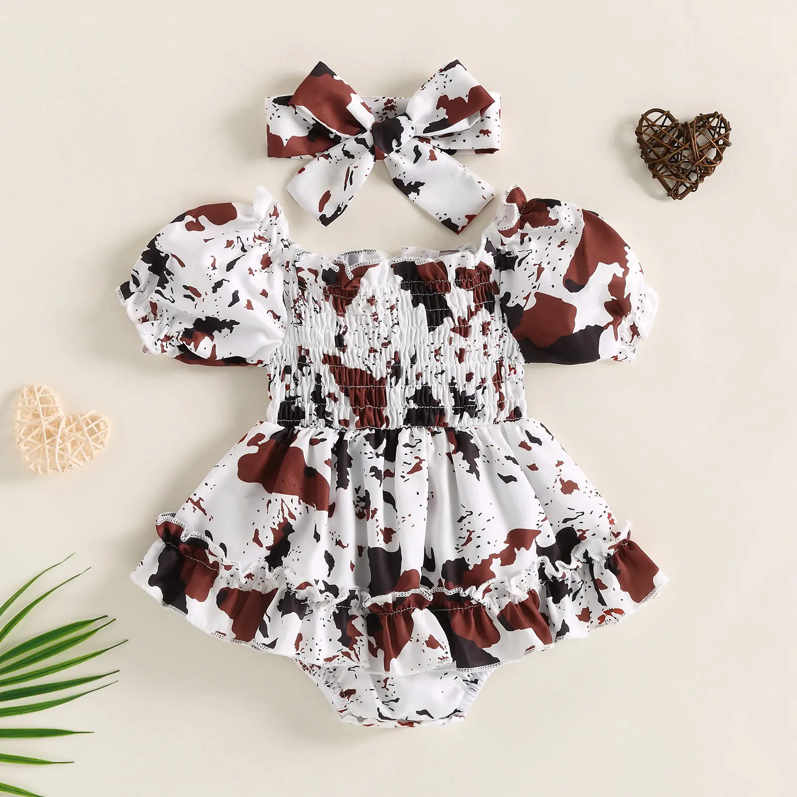 Newborn Baby Girl Western Outfit Cow Print Smocked Puff Short Sleeve Romper Dresss Headband Infant Cowgirl Bodysuit 0-24M